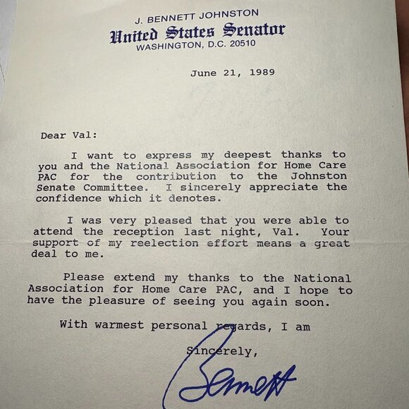 1989 J. Bennett Johnston Signed Autograph Letter – U.S. Senator Louisiana – June - Picture 1 of 1